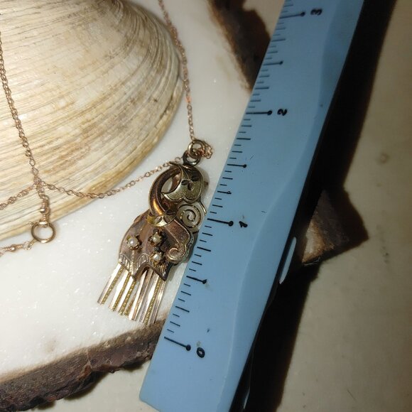 Vintage 12K Gold Moveable Intricate Pendant Necklace 14K GF Chain Pearl Accents - Picture 3 of 16
